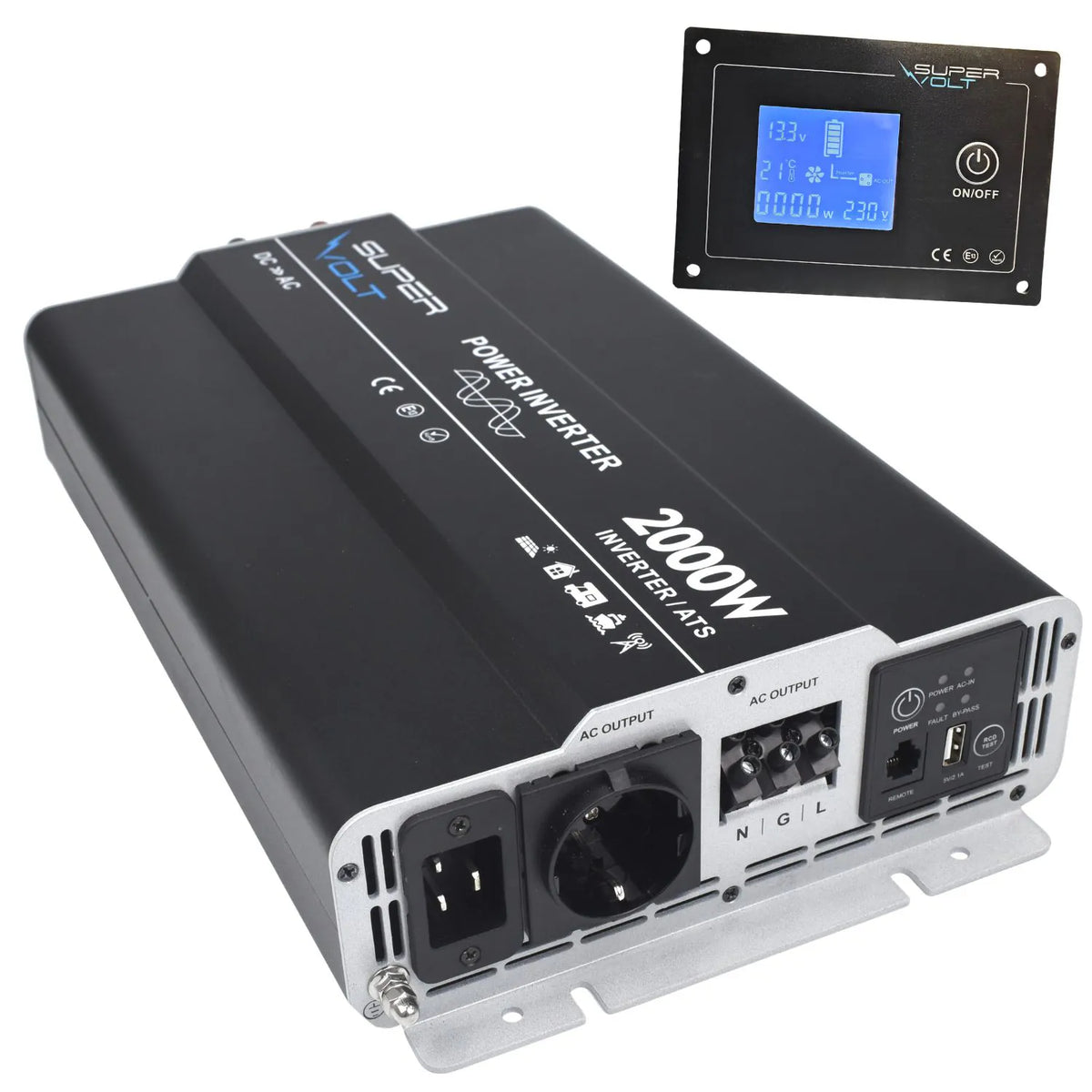 Supervolt 12V 2000W Wechselrichter mit Netzvorrangschaltung & FI-Schutz
